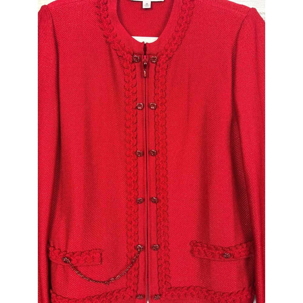 St. John Womens 10 Red Knit Wool Crochet Zip Front Designer Crochet Jacket NEW - Picture 4 of 9